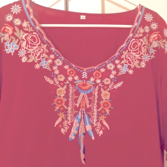 Red Boho Embroidered Blouse - Picture 3 of 5